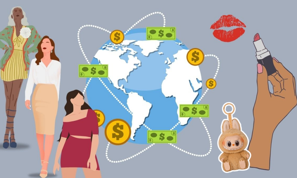 Graphic illustration of the "Lipstick and Hemline Effect" including Labubu