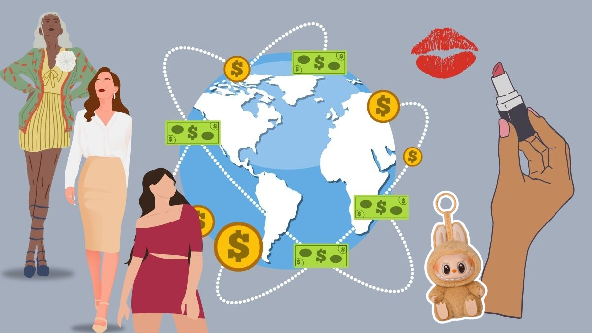 Graphic illustration of the "Lipstick and Hemline Effect" including Labubu