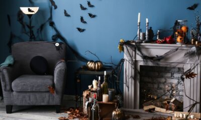 Chair and mantle setting with Halloween decor