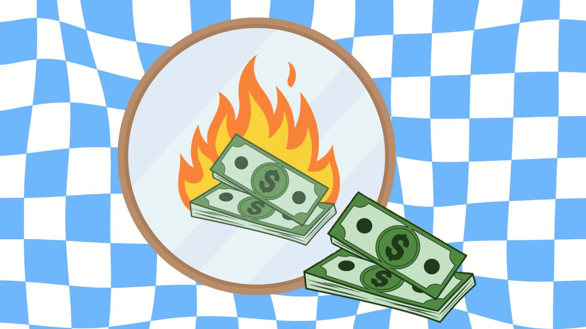 Illustration of money in front of a mirror. The reflection shows the money on fire to depict money dysmorphia.