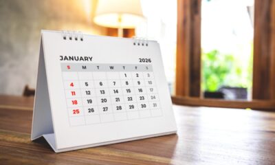 January 2026 calendar on a wooden table