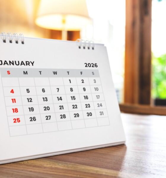January 2026 calendar on a wooden table