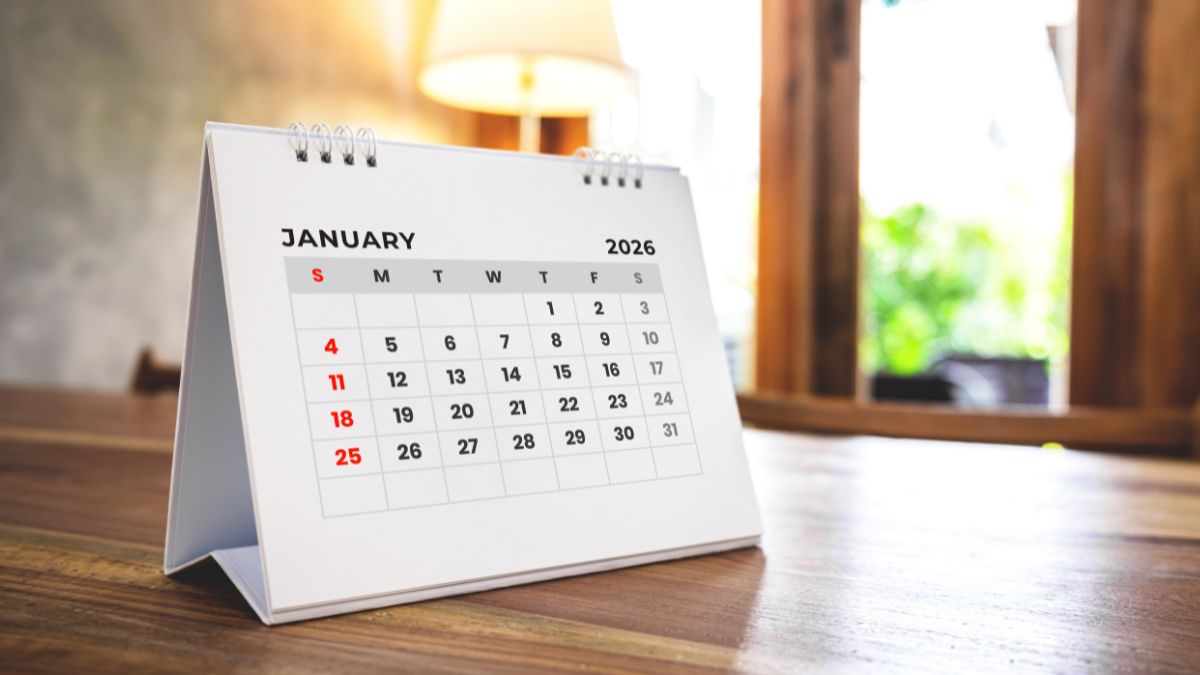 January 2026 calendar on a wooden table